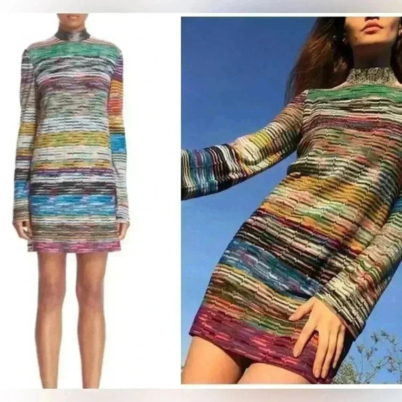 MISSONI Knit Mini Dress 42 S Silk Mock Neck Striped Short Long Sleeve Sweater - Picture 1 of 5